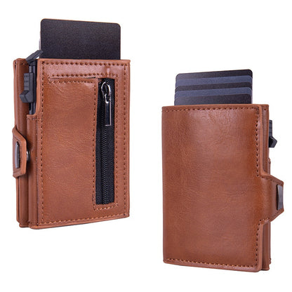 Cartera tarjetero con sistema de expulsión automática, protección RFID y seguridad antirrobo (cuero auténtico)