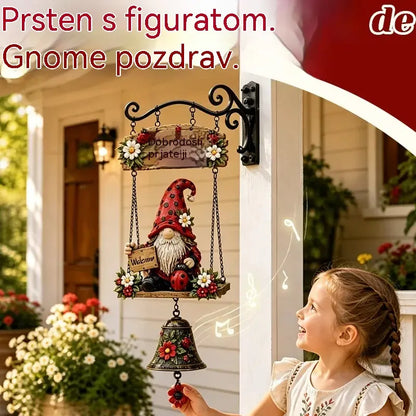 Zvono dobrodošlice s vrtnim patuljkom, pločica "Dobrodošli", retro brončano zvono, željezni zidni nosač, ukras za dvorište i terasu