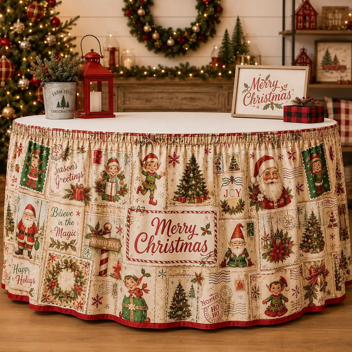 【210cm*75cm】 Mantel con estampado de Santa Claus y renos para fiestas navideñas