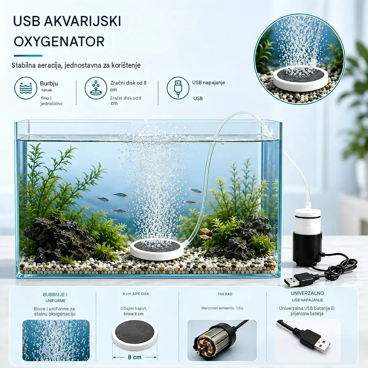 🐟🔇 Ultra tiha USB pumpa za zrak u akvariju – punjivi prijenosni oksigenator za akvarije i ribolov 🎣