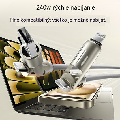 🔥 【2 kusy za 21 eur】 🔥 (dĺžka 2 metre) Kábel 4 v 1 PD 240 W – rýchle nabíjanie cez USB‑C, Lightning a USB‑A, hliník a silikón, synchronizácia dát ⚡📱