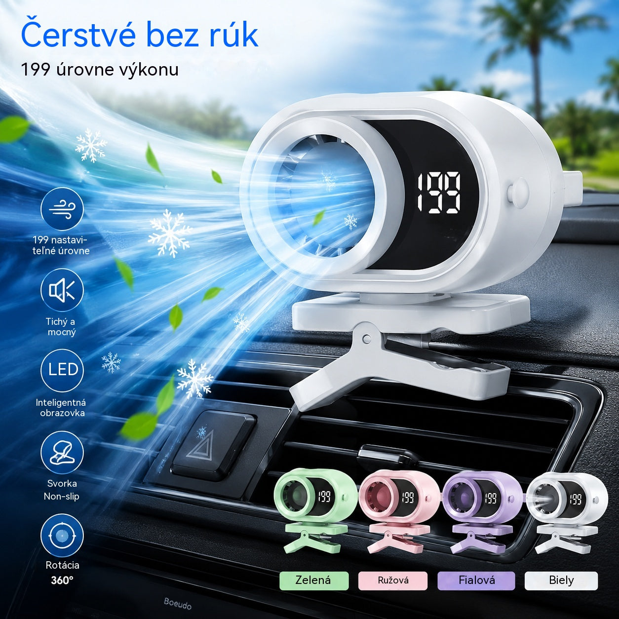🌀 Hands-free ventilátor s LED displejom, integrovaným klipom a 199 nastaviteľnými úrovňami