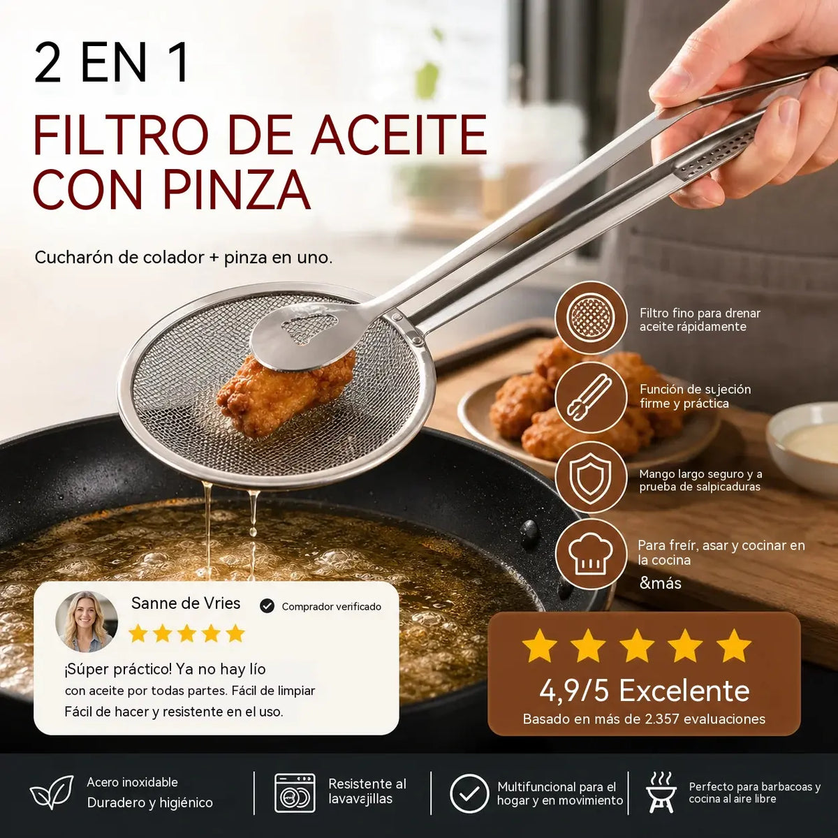 🍳 ¡A mitad de precio! Pinzas de cocina 2 en 1: combinan las funciones de recoger y escurrir en una sola. Fabricadas en acero inoxidable, perfectas para freír, escurrir y recoger alimentos. 💪✨