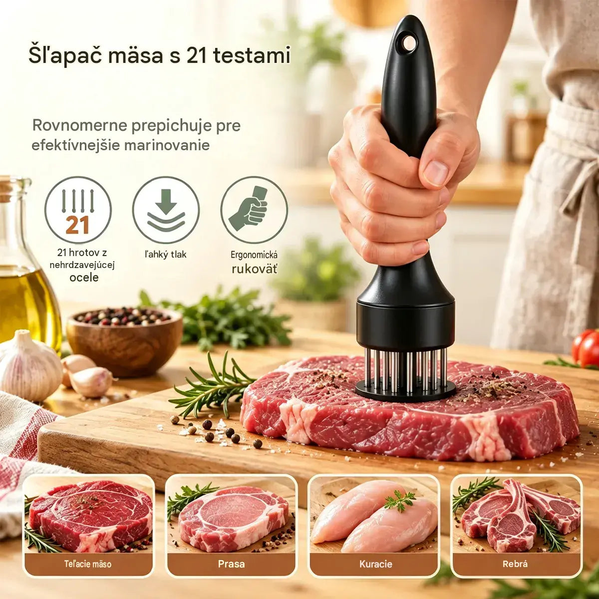 21-hrotová ihla na zmäkčovanie mäsa z nehrdzavejúcej ocele na steaky, grilovanie a varenie.