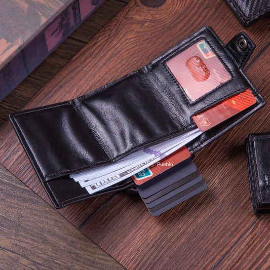 Cartera tarjetero con sistema de expulsión automática, protección RFID y seguridad antirrobo (cuero auténtico)