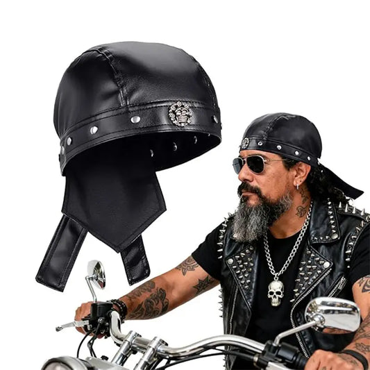 🏍🏍Gorra de cuero auténtico negro estilo pañuelo / gorra de ciclismo