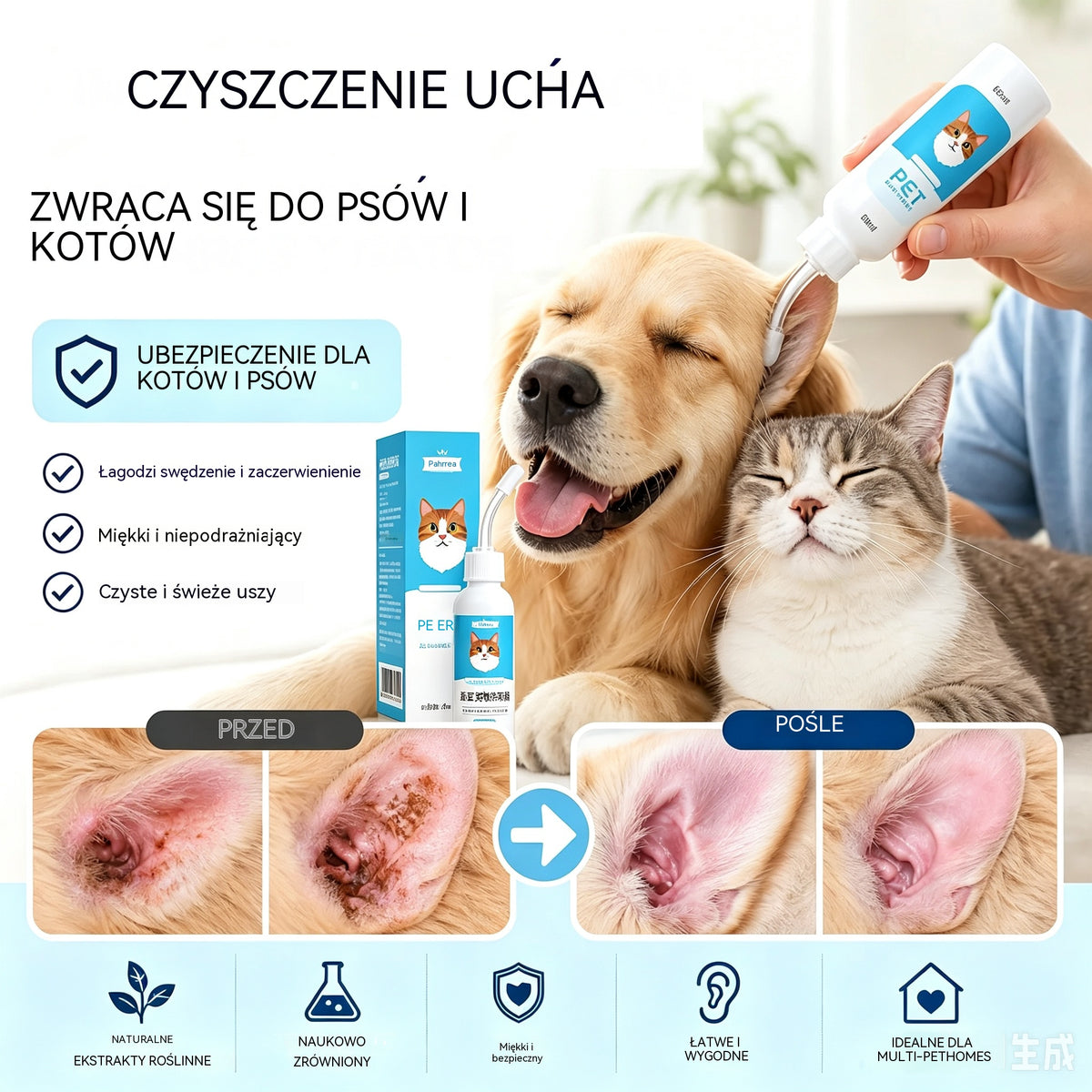 🐶🐱 Środek do czyszczenia uszu łagodzący swędzenie u psów i kotów.