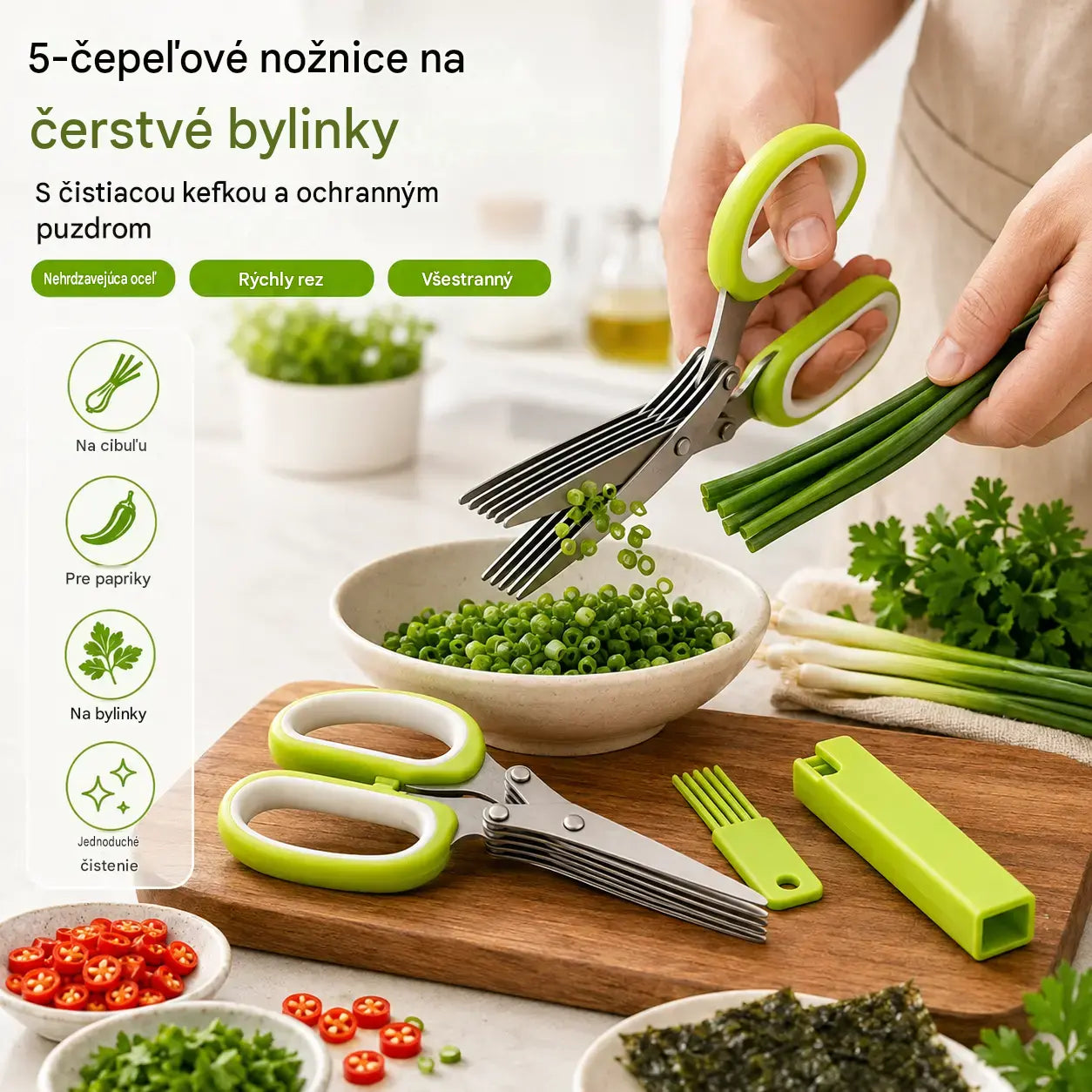 2 kusov 22 €🌿 Nožnice na bylinky s 5 čepeľami – Rýchly kuchynský krájač na čerstvé bylinky a koreniny