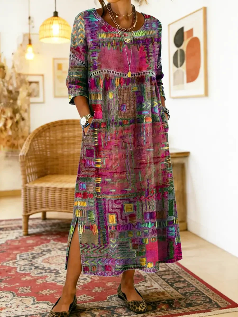 ✨ Ostatni dzień, 50% zniżki! 【S-5XL】Letnia sukienka w stylu retro, okrągły dekolt, nadruk – lekka i przewiewna, dobrze się układa, łatwa do dopasowania.