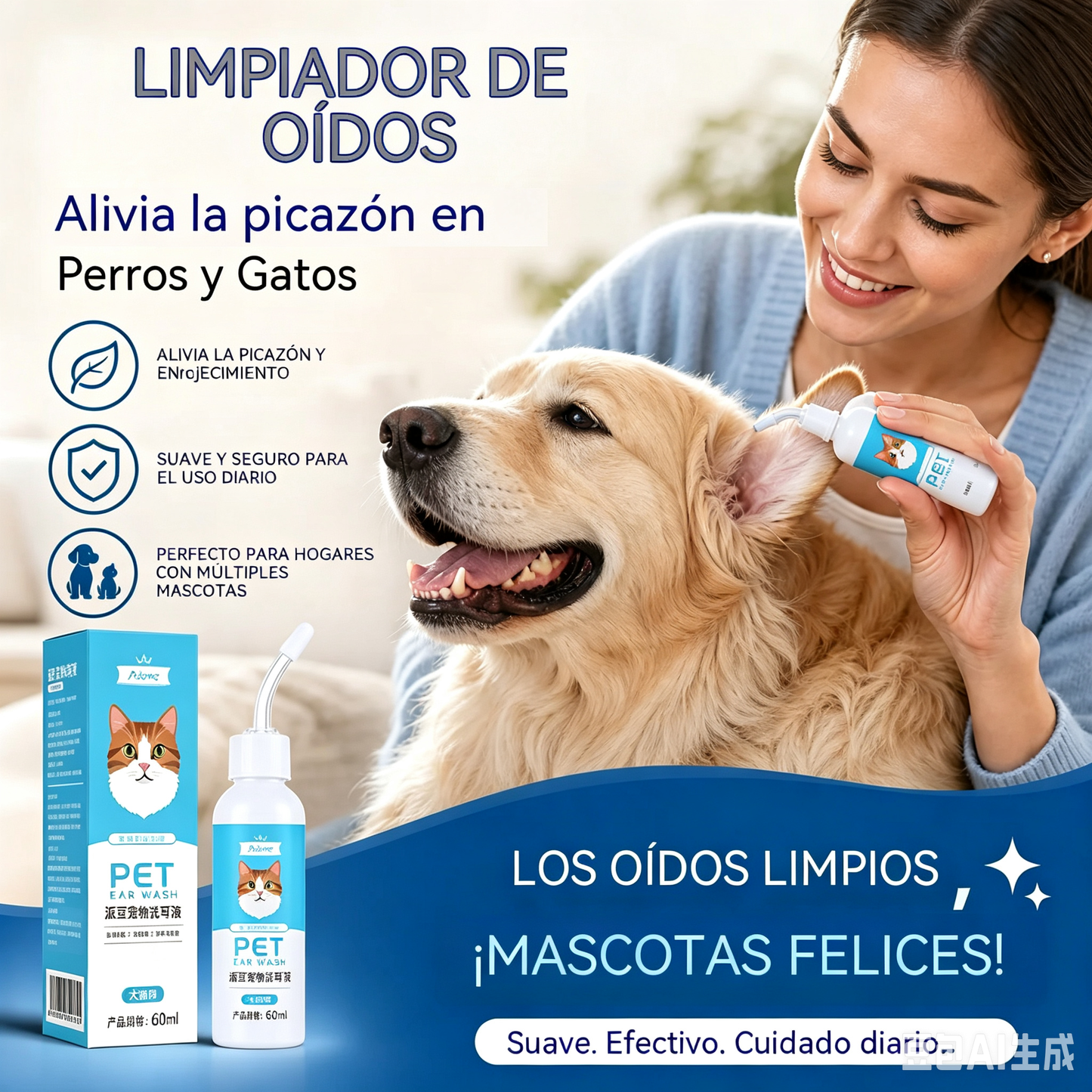 🐶🐱 Limpiador de oídos para aliviar la picazón en los oídos de perros y gatos.