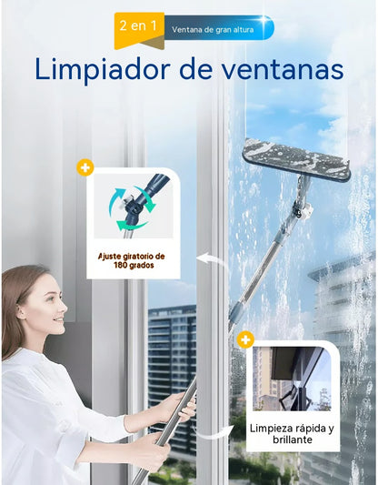 🧼✨ Limpiacristales 2 en 1 de doble cara con mango extensible para limpiar cristales en edificios altos.