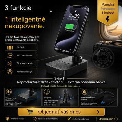 🔥 3 v 1: Bluetooth reproduktor + Nabíjačka + 360° držiak na mobil 📱🔊⚡