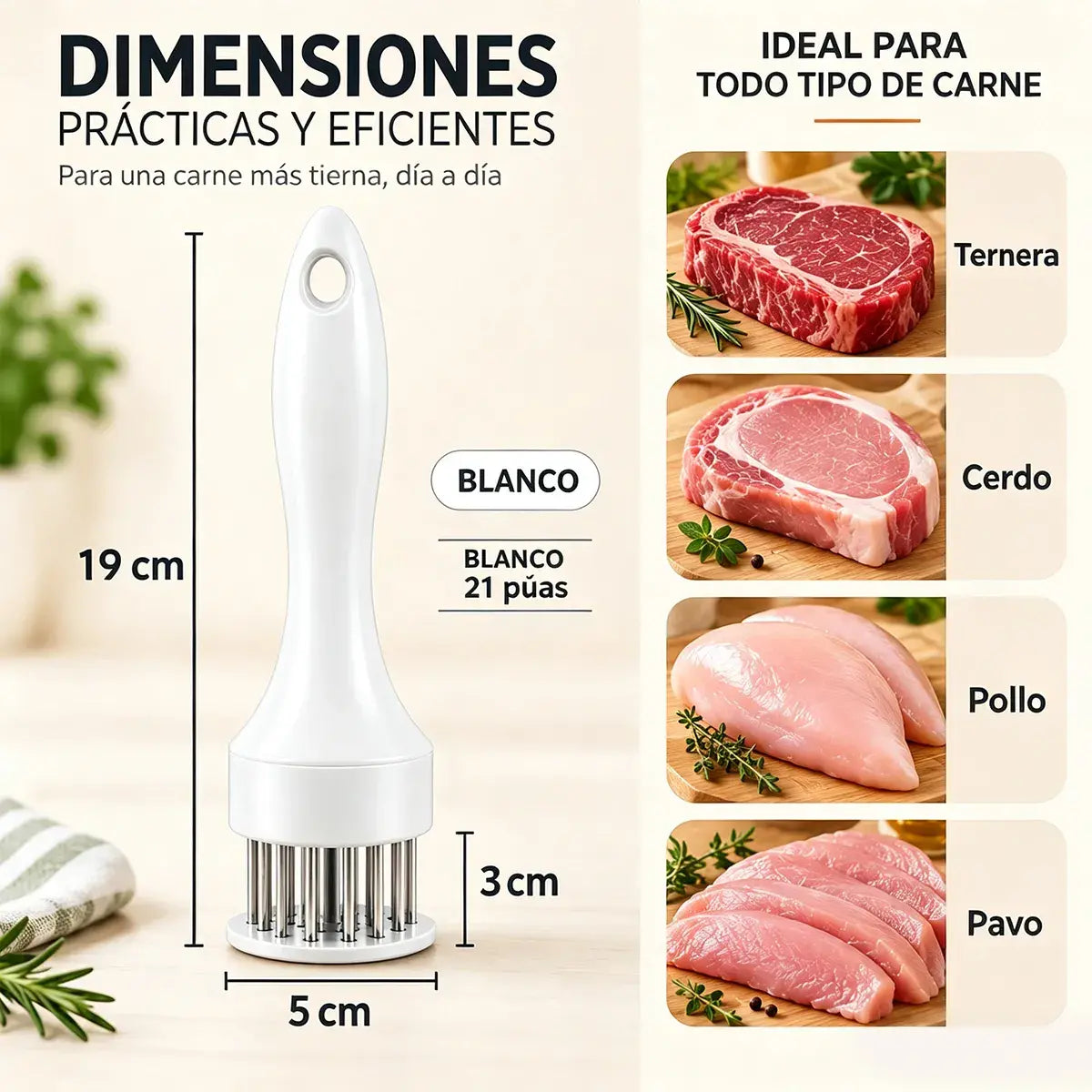 Aguja ablandadora de carne de acero inoxidable de 21 puntas para bistec, barbacoa y cocina.