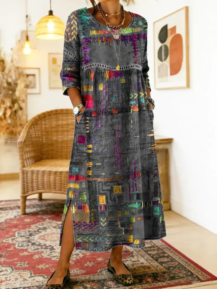 ✨ Ostatni dzień, 50% zniżki! 【S-5XL】Letnia sukienka w stylu retro, okrągły dekolt, nadruk – lekka i przewiewna, dobrze się układa, łatwa do dopasowania.