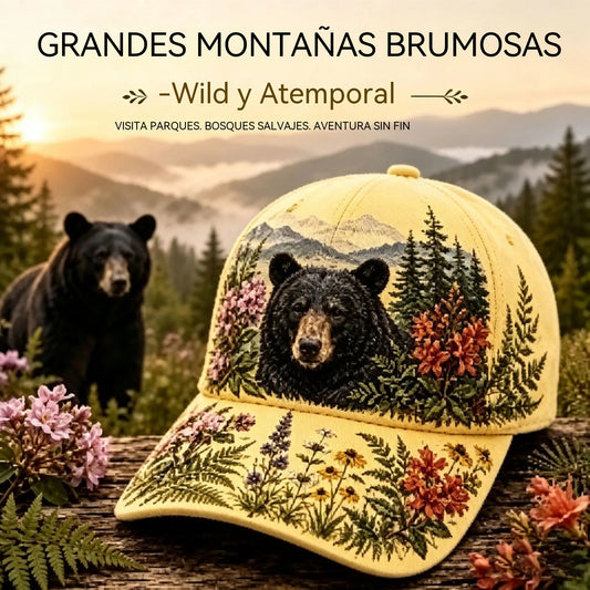🛍️ Edición especial retro: Gorra de verano con temática «Great Smoky Mountains» ✨ Diseño exclusivo con un oso negro y flores silvestres | Gorra de béisbol ajustable, estilo vintage para actividades al aire libre