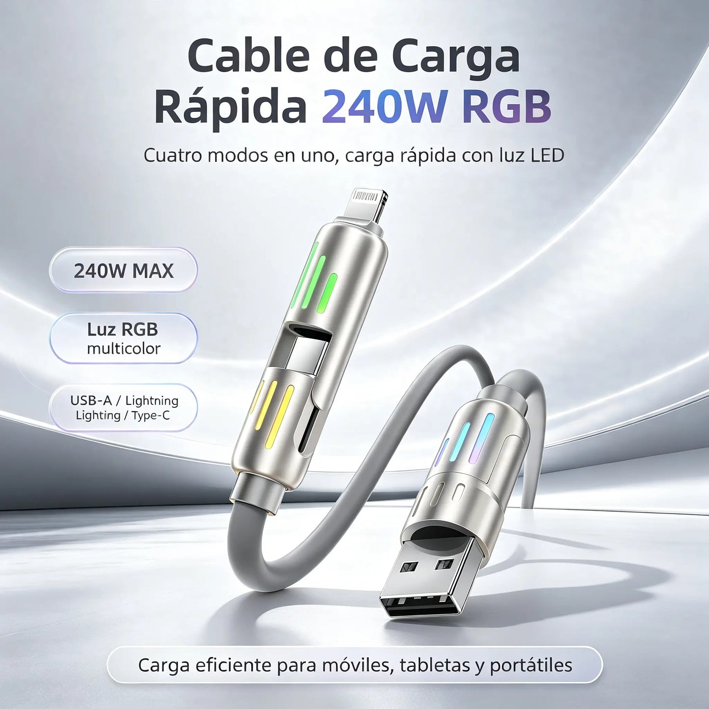 🔥 【2 kusy za 560 Kč】 🔥 (délka 2 metry) 4v1 kabel PD 240 W – rychlé nabíjení USB‑C, Lightning a USB‑A, hliník a silikon, synchronizace dat ⚡📱