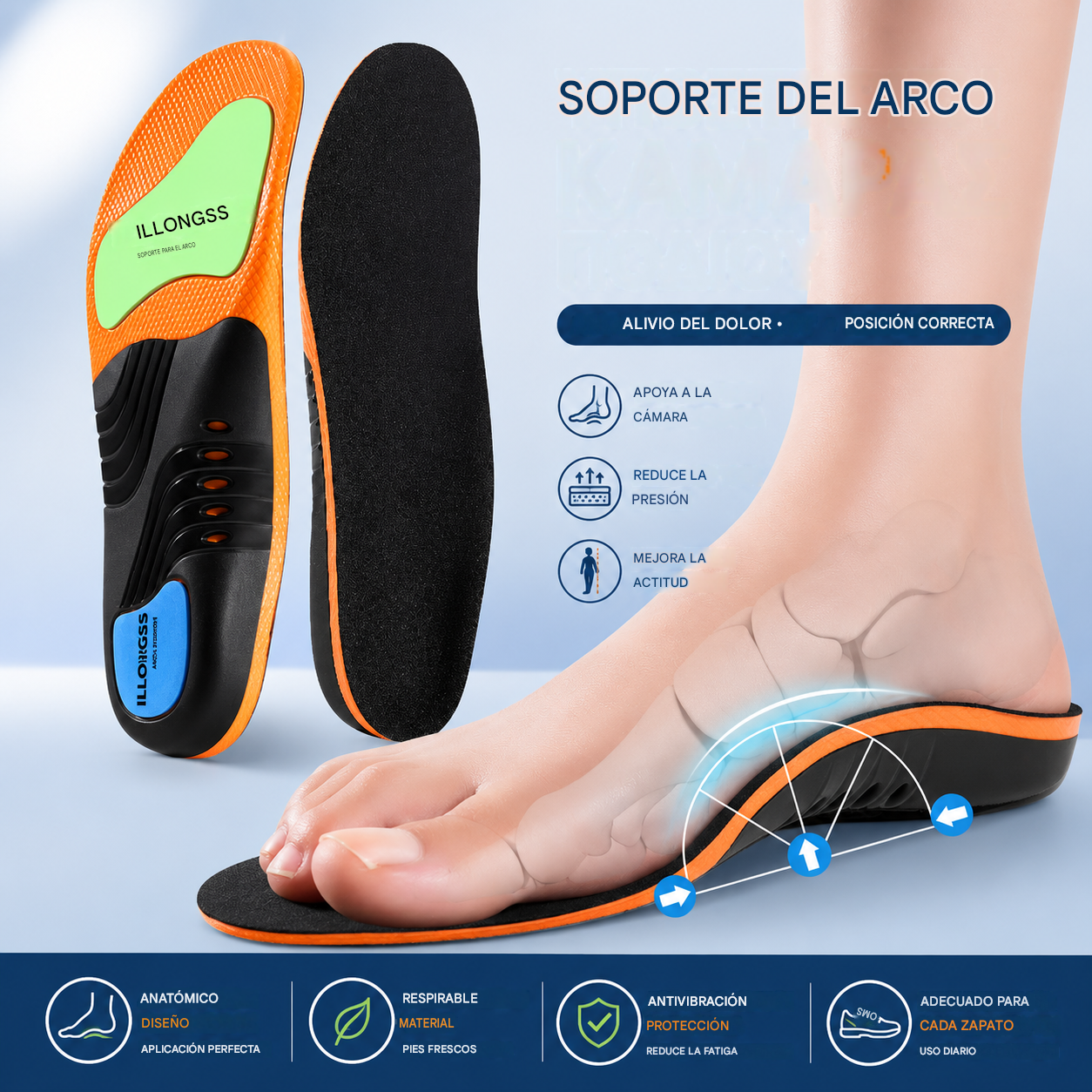 Plantillas deportivas profesionales con soporte para el arco del pie y absorción de impactos.