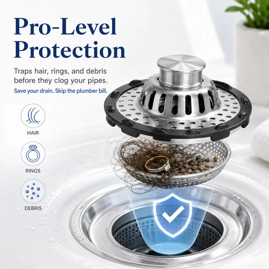 🚰 Tapón de desagüe emergente 3 en 1: filtro de desagüe cromado con recolector de pelo y cesta desmontable de acero inoxidable para lavabos de baño.