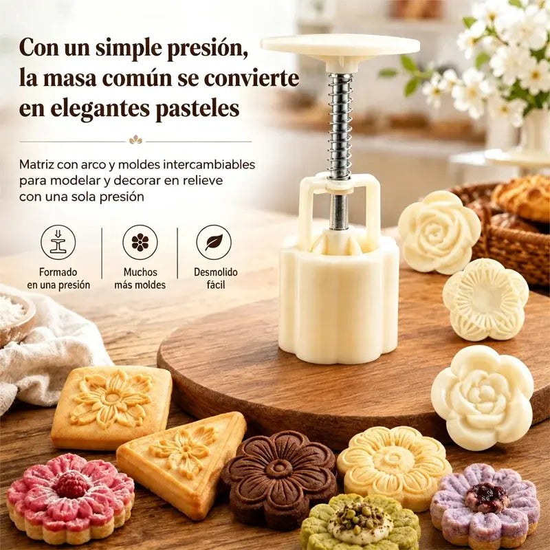🥮Un juego de moldes para pasteles de luna con formas de flores en 3D.