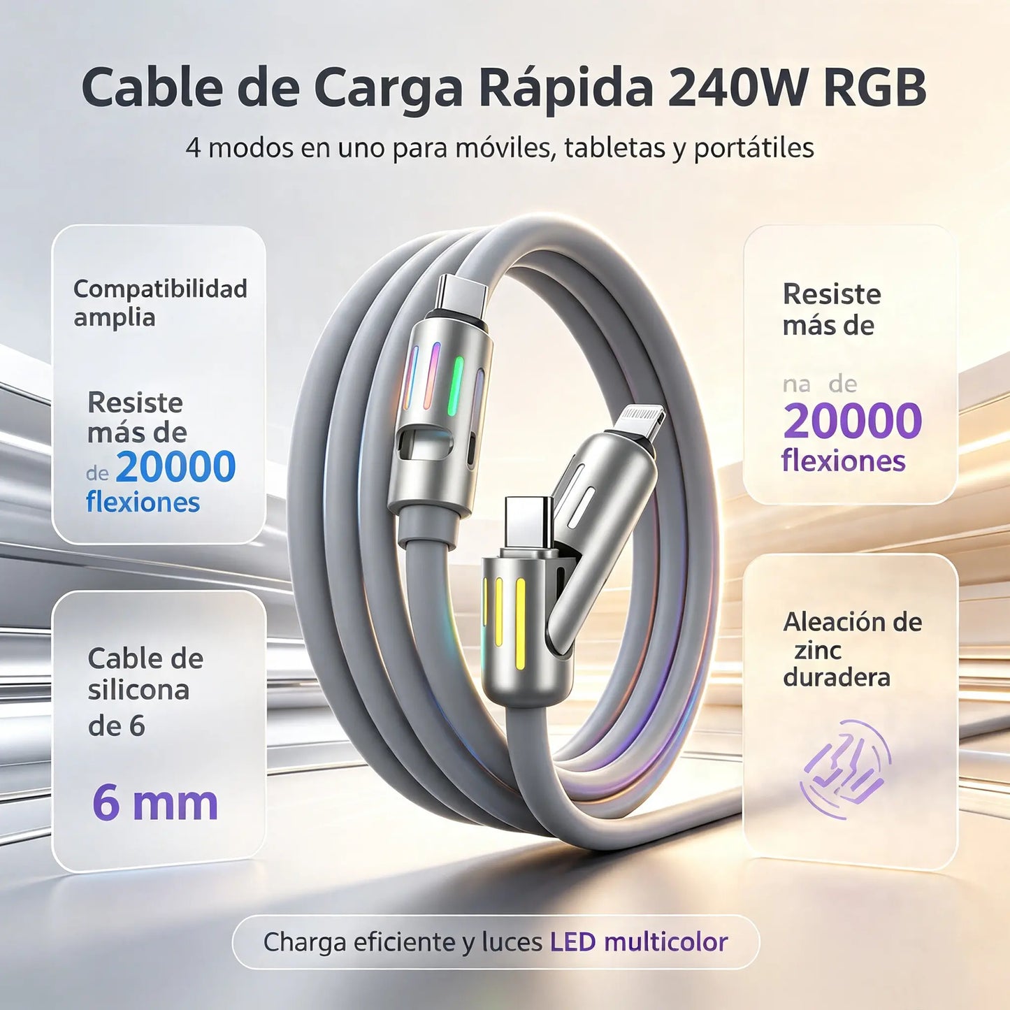 🔥 【2 kusy za 560 Kč】 🔥 (délka 2 metry) 4v1 kabel PD 240 W – rychlé nabíjení USB‑C, Lightning a USB‑A, hliník a silikon, synchronizace dat ⚡📱