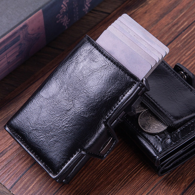 Cartera tarjetero con sistema de expulsión automática, protección RFID y seguridad antirrobo (cuero auténtico)