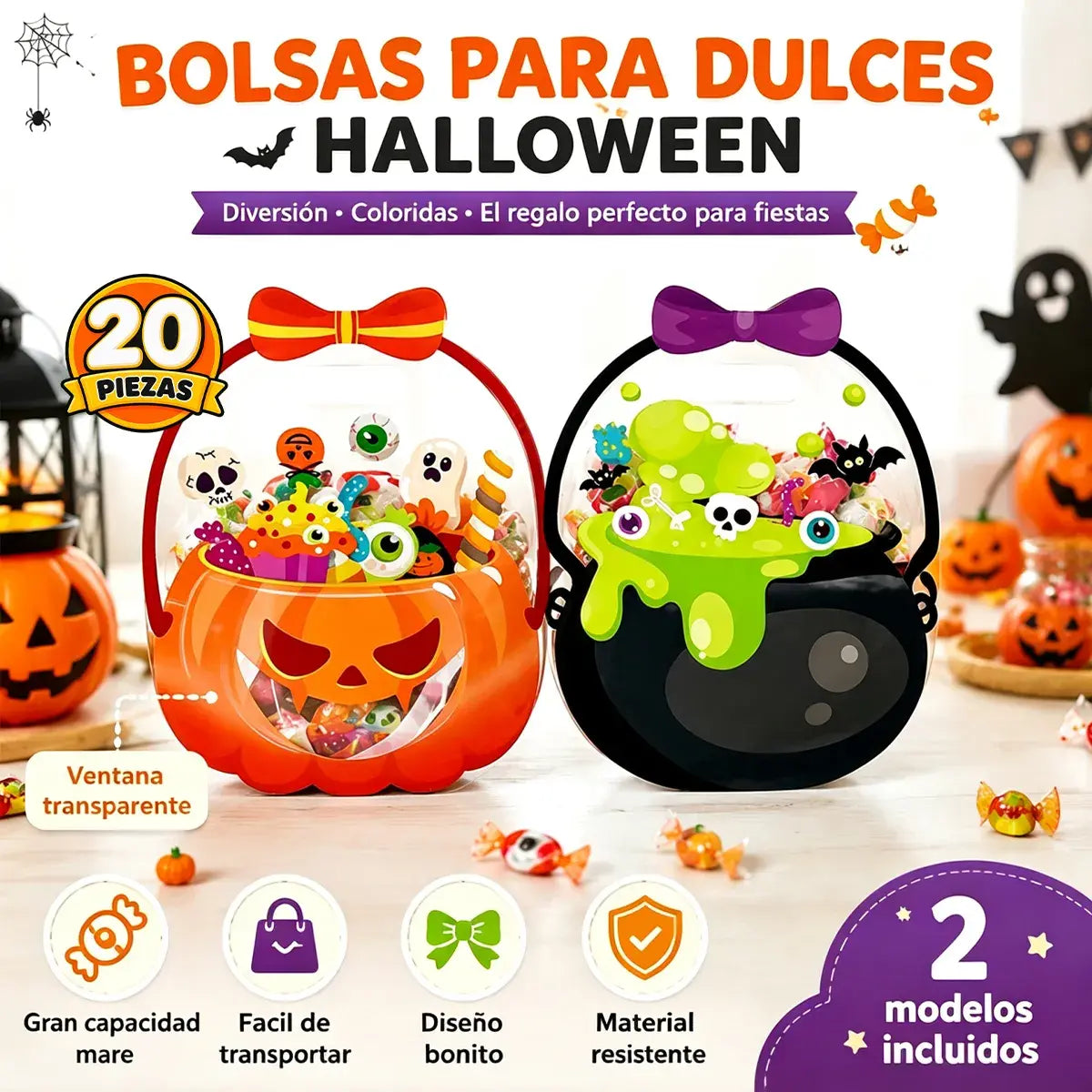 20 piezas 27€ 🎃Bolsas de plástico para dulces de Halloween, bolsas para caramelos de truco o trato
