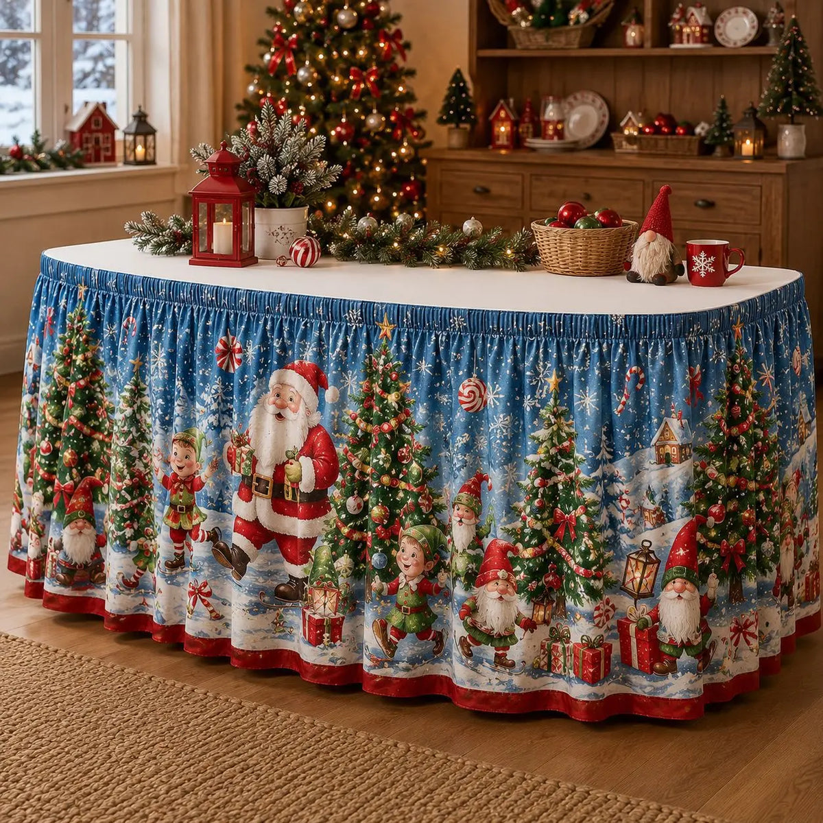 【210cm*75cm】 Mantel con estampado de Santa Claus y renos para fiestas navideñas