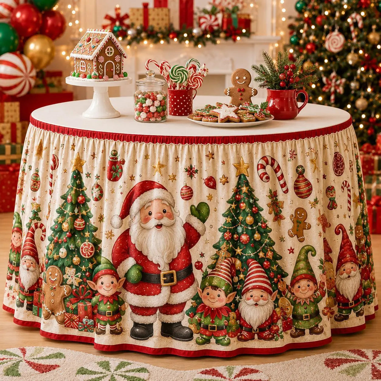 【210cm*75cm】 Mantel con estampado de Santa Claus y renos para fiestas navideñas