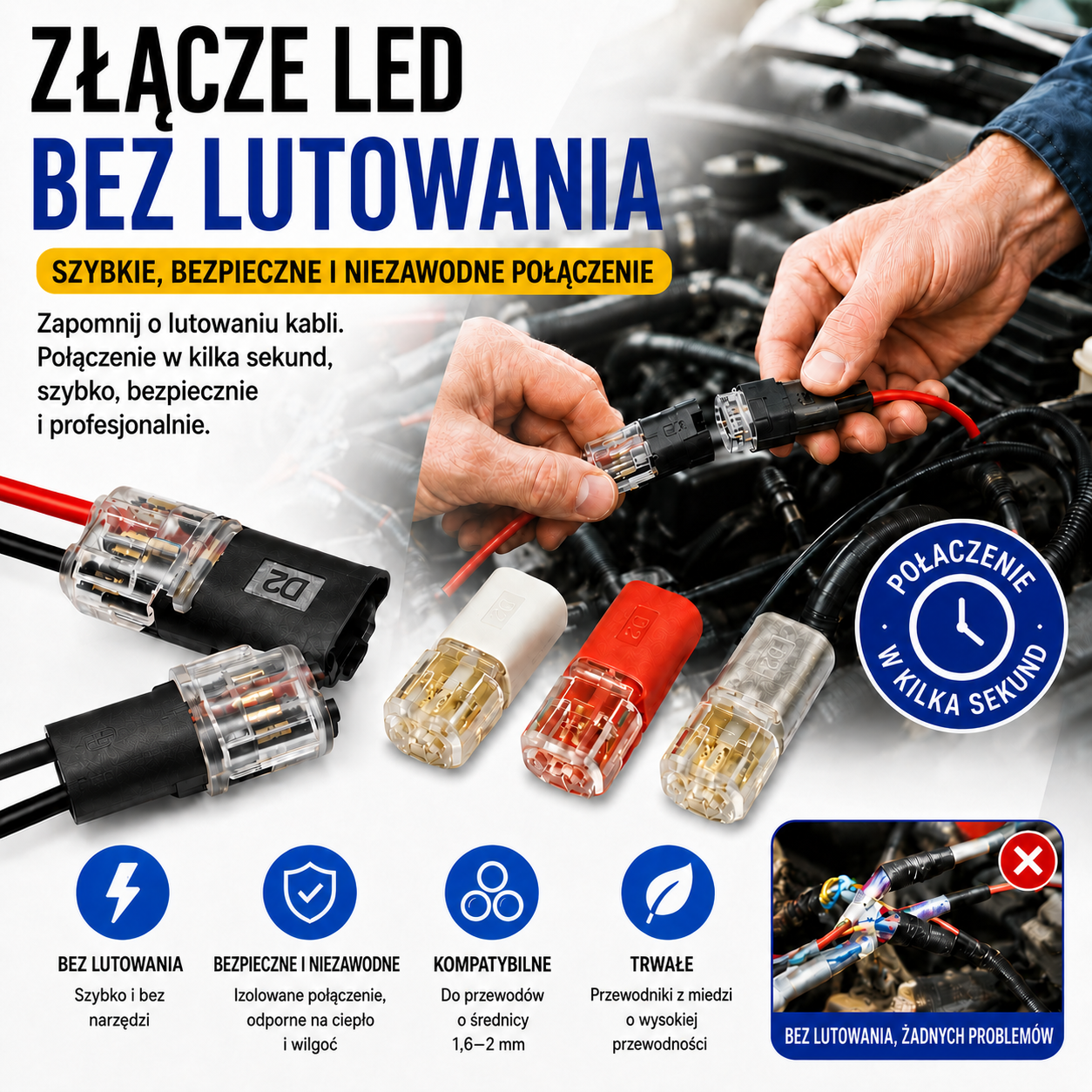 50 sztuka 79 zł.Złącze kablowe bez zdejmowania izolacji, z blokadą klamrową, bezpiecznym zamknięciem i powłoką antypoślizgową
