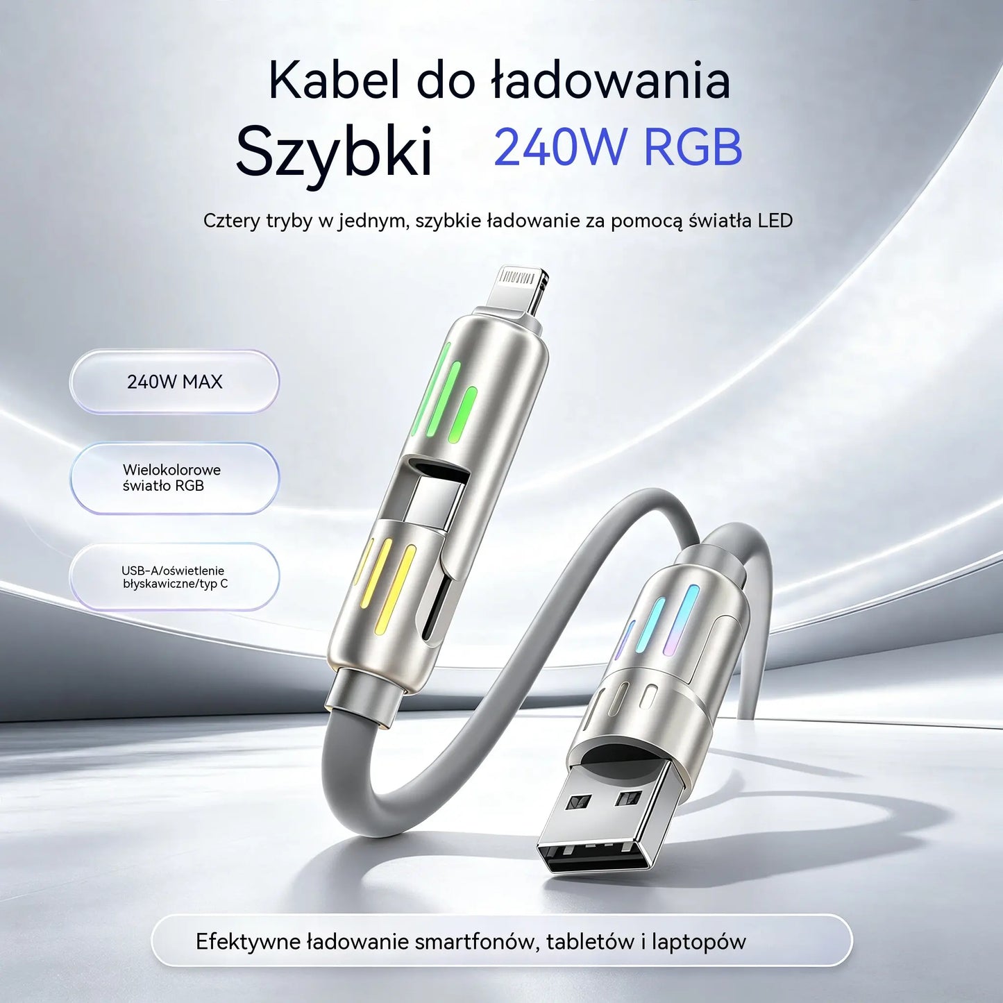 🔥 【2 sztuki za 89 zł】 🔥 (2 metry długości) Kabel 4 w 1 PD 240 W – USB-C, Lightning i szybkie ładowanie USB-A, aluminium i silikon, synchronizacja danych ⚡📱