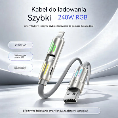 🔥 【2 sztuki za 89 zł】 🔥 (2 metry długości) Kabel 4 w 1 PD 240 W – USB-C, Lightning i szybkie ładowanie USB-A, aluminium i silikon, synchronizacja danych ⚡📱