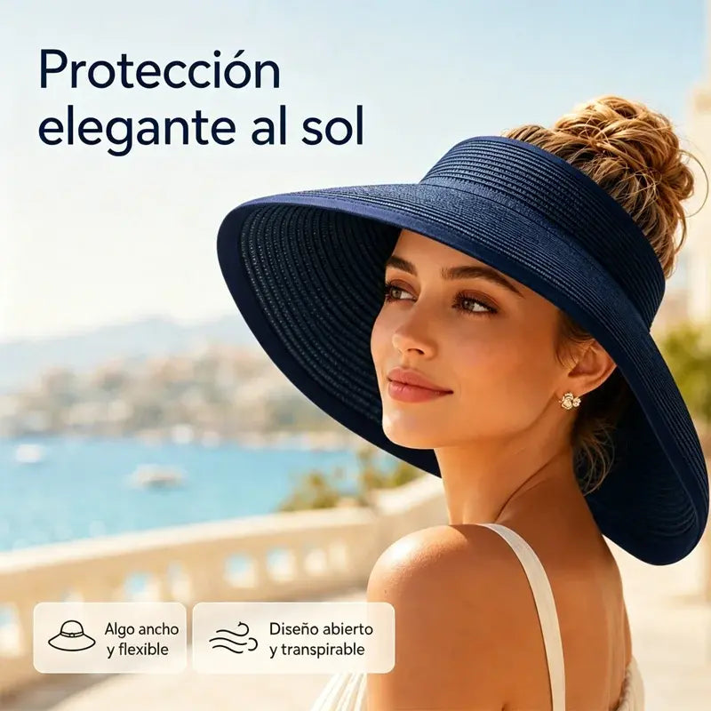 🏖 Sombrero de sol para mujer, sombrero de paja con protección UV UPF para la playa, sombrero de verano plegable de ala ancha para coletas, fácil de guardar y transportar.