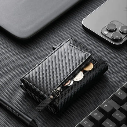 Cartera RFID para hombre: tarjetero de tres cuerpos de fibra de carbono y cartera de piel con cierre magnético y bolsillo para monedas.