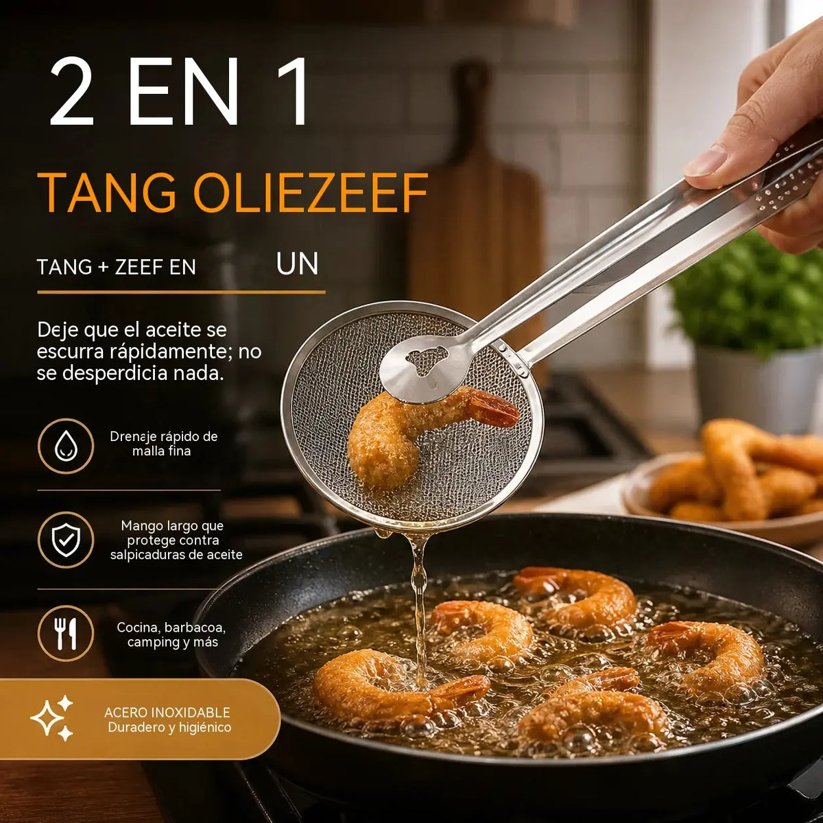 🍳 ¡A mitad de precio! Pinzas de cocina 2 en 1: combinan las funciones de recoger y escurrir en una sola. Fabricadas en acero inoxidable, perfectas para freír, escurrir y recoger alimentos. 💪✨