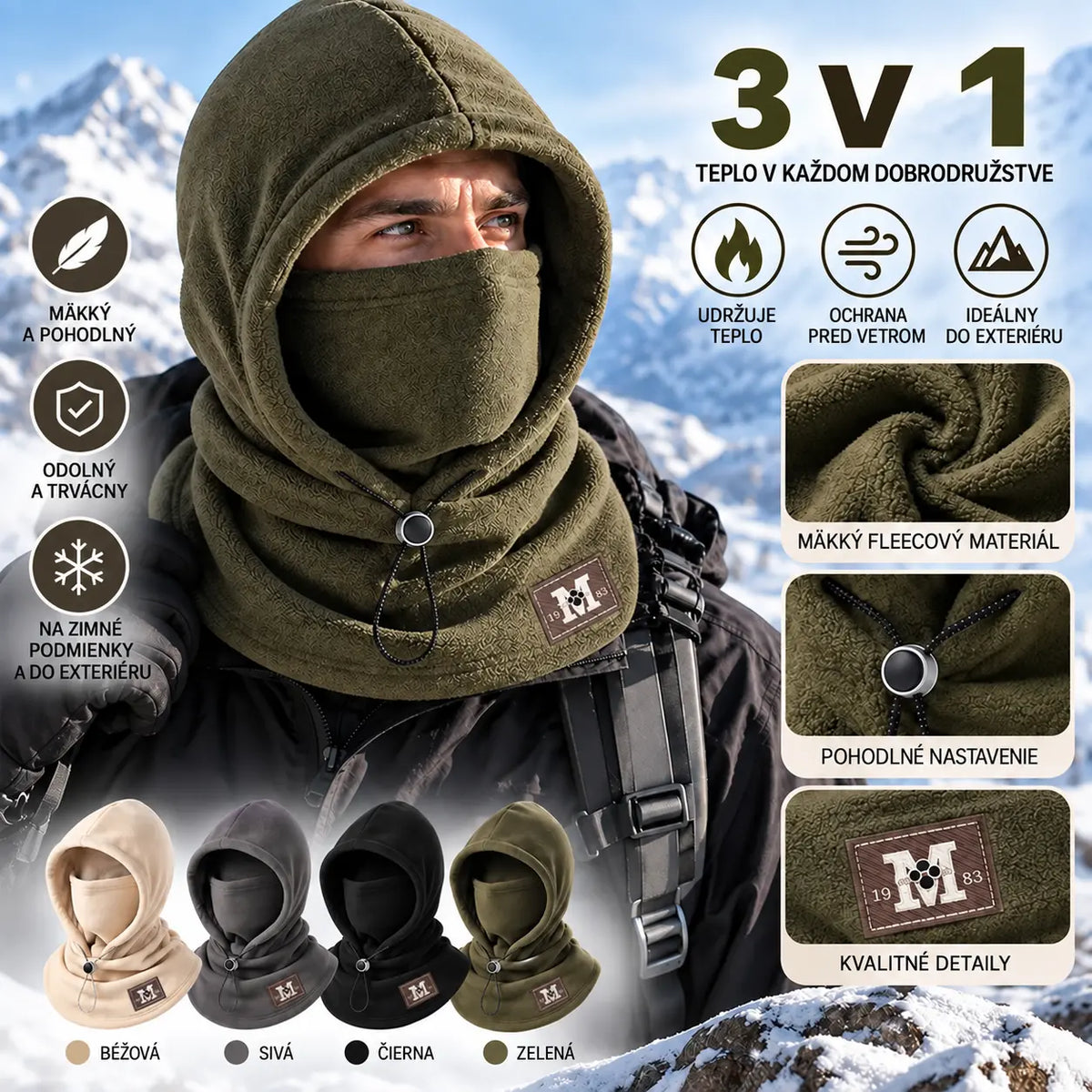☃️ 3-v-1 fleecová kukla s kapucňou — teplá, vetruodolná a ideálna na outdoor, cyklistiku a zimu.