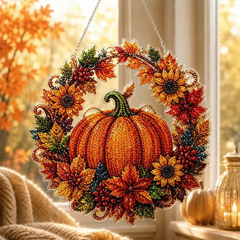 🍂 Corona de calabaza otoñal con diseño de rombos para colgar – Kit completo para armar tú mismo