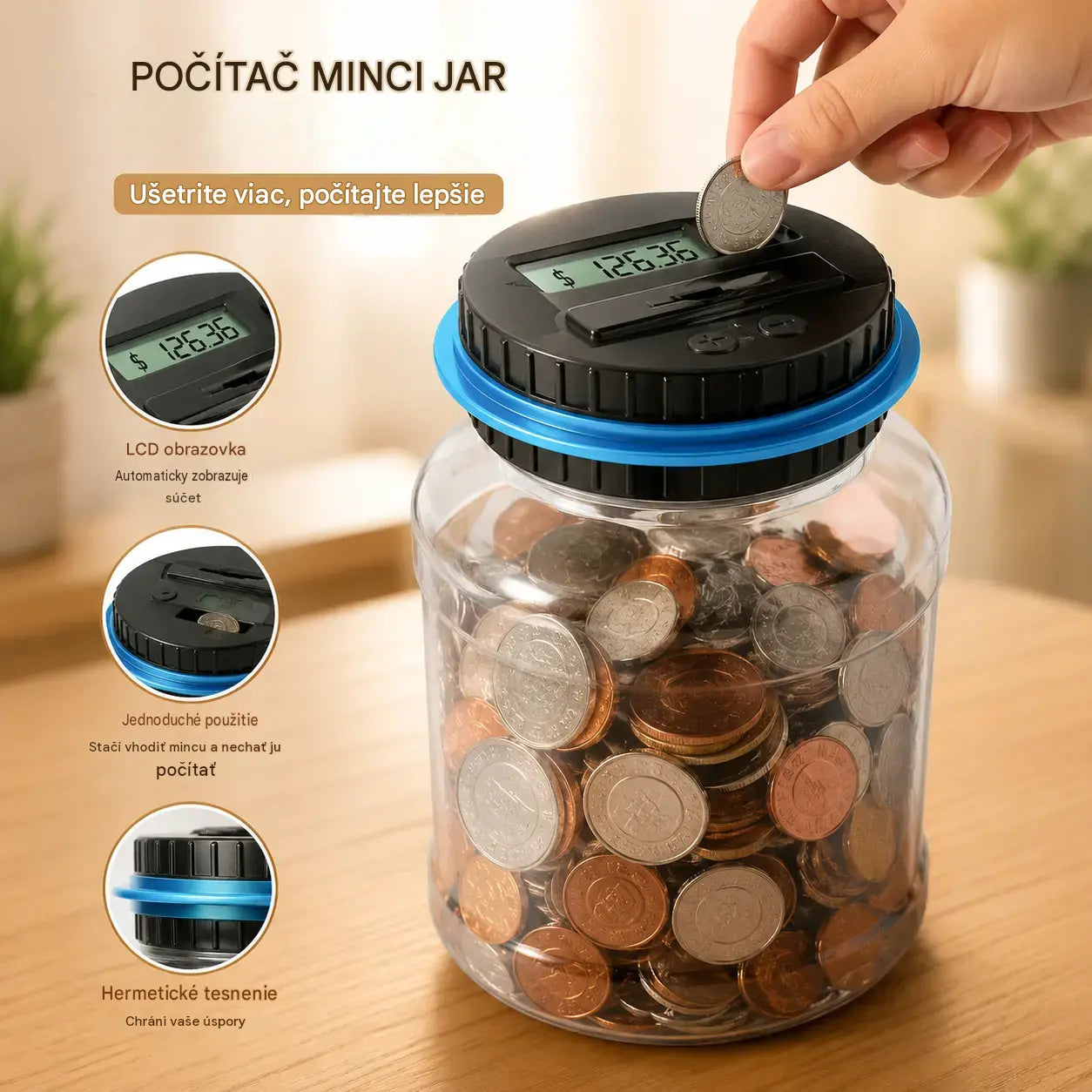 Veľká automatická pokladnička s počítadlom eur na ukladanie mincí.