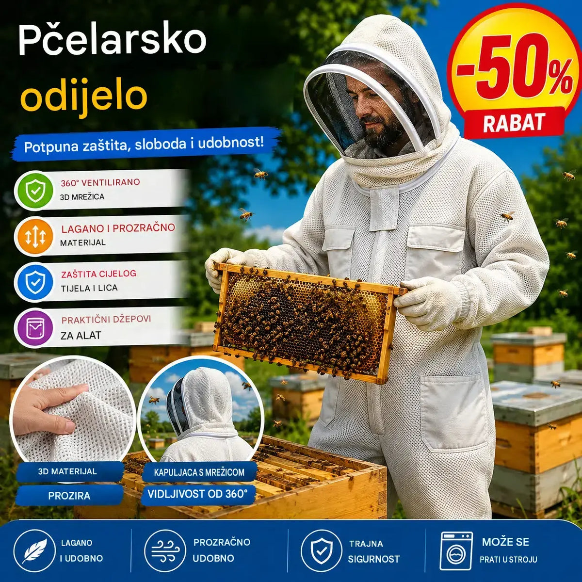 【M-2XL】🐝Pčelinji kombinezon izrađen od 3D pamučne mreže