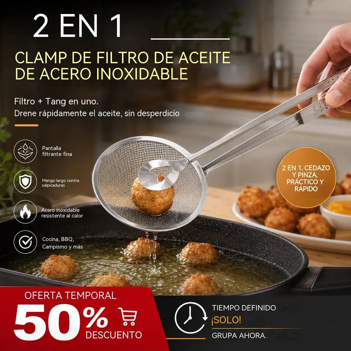 🍳 ¡A mitad de precio! Pinzas de cocina 2 en 1: combinan las funciones de recoger y escurrir en una sola. Fabricadas en acero inoxidable, perfectas para freír, escurrir y recoger alimentos. 💪✨
