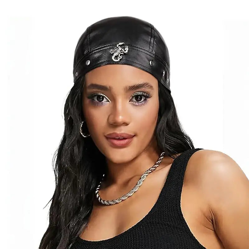 🏍🏍Gorra de cuero auténtico negro estilo pañuelo / gorra de ciclismo