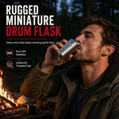 Petaca portátil de acero inoxidable 304 con forma de bidón para acampar al aire libre.