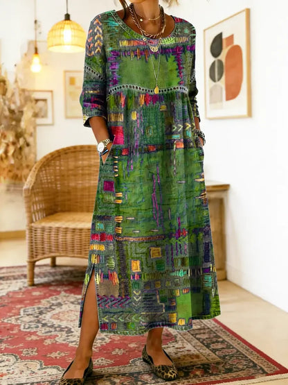 ✨ Ostatni dzień, 50% zniżki! 【S-5XL】Letnia sukienka w stylu retro, okrągły dekolt, nadruk – lekka i przewiewna, dobrze się układa, łatwa do dopasowania.