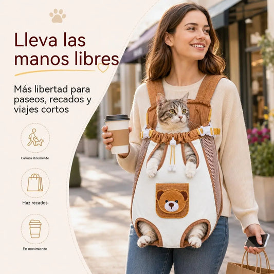 🎒🐾Mochila portamascotas frontal con diseño de osito adorable: transpirable, ajustable y con manos libres.