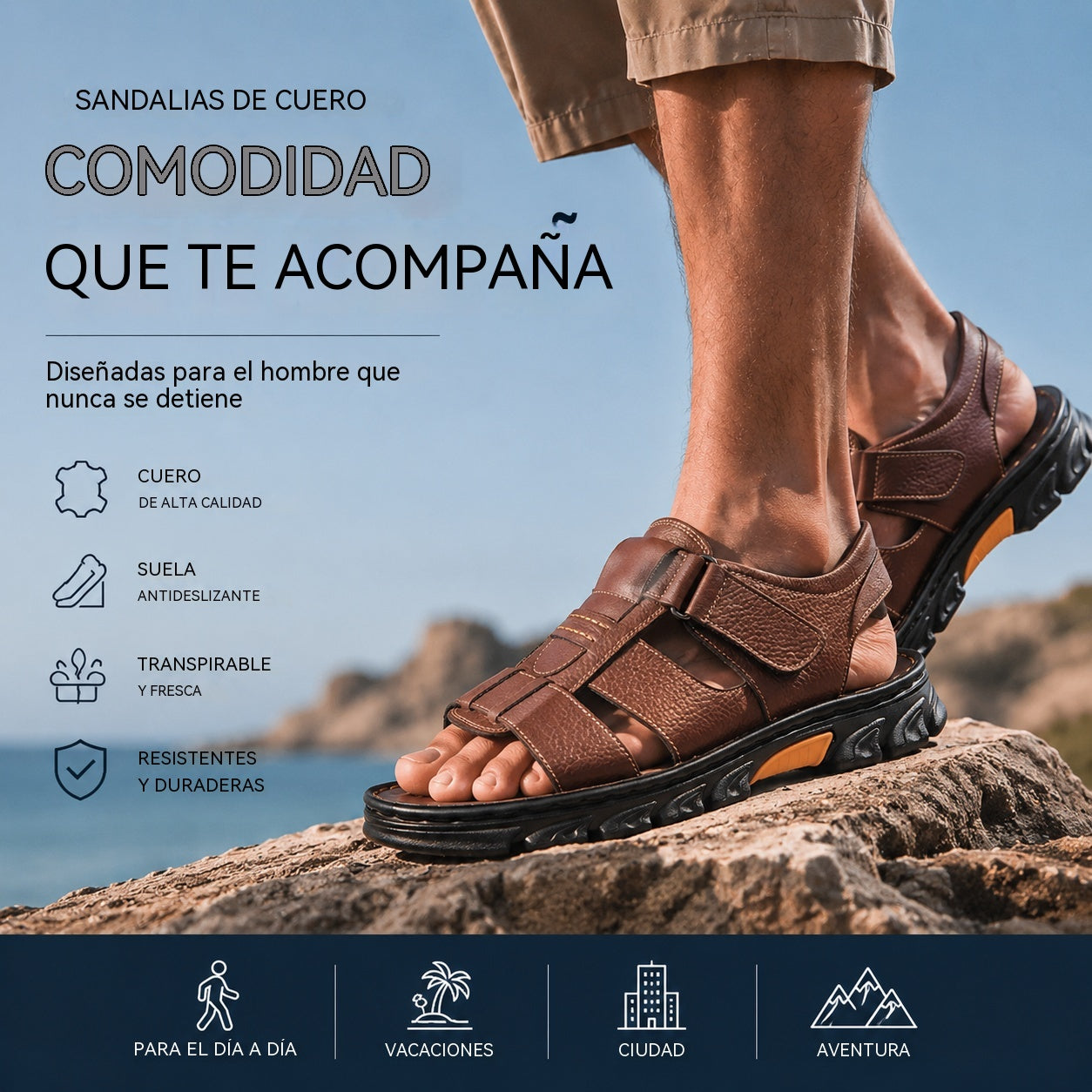 🔥👟 (50%OFF)【Tamaño 38 ~ 44】 Sandalias de playa antideslizantes de cuero suave hechas a mano para hombres
