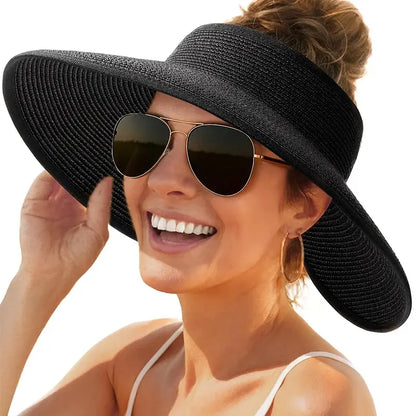 🏖 Sombrero de sol para mujer, sombrero de paja con protección UV UPF para la playa, sombrero de verano plegable de ala ancha para coletas, fácil de guardar y transportar.