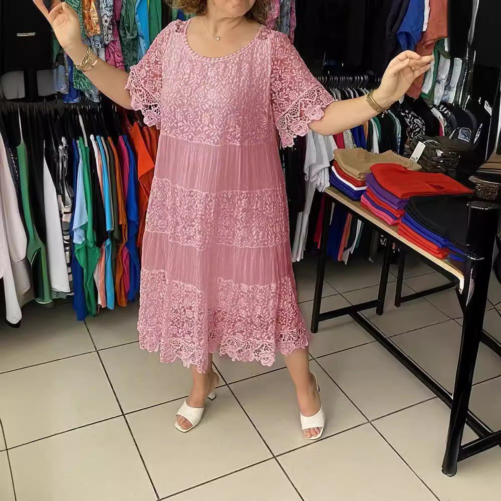 🔥【50% POPUSTA】✨✨✨【S-5XL】2026Nova haljina kratkih rukava, okrugli izrez i čipka.