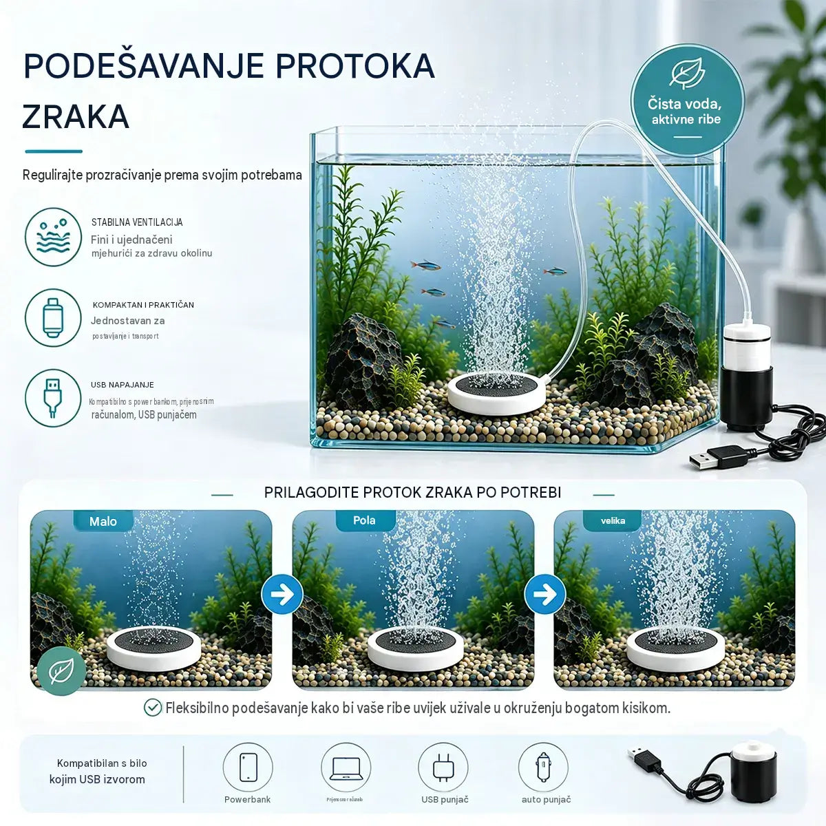 🐟🔇 Ultra tiha USB pumpa za zrak u akvariju – punjivi prijenosni oksigenator za akvarije i ribolov 🎣
