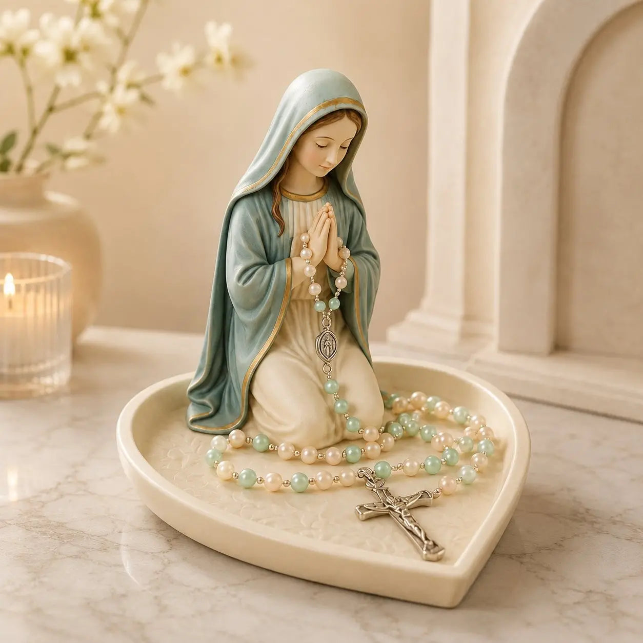 ✝️Skvelá ponuka: zľava 50 % – keramická tácka „Graceful Faith“ s motívom Panny Márie, určená na odkladanie ružencov alebo pamätných predmetov.