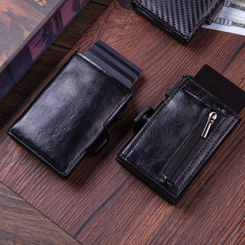 Cartera tarjetero con sistema de expulsión automática, protección RFID y seguridad antirrobo (cuero auténtico)