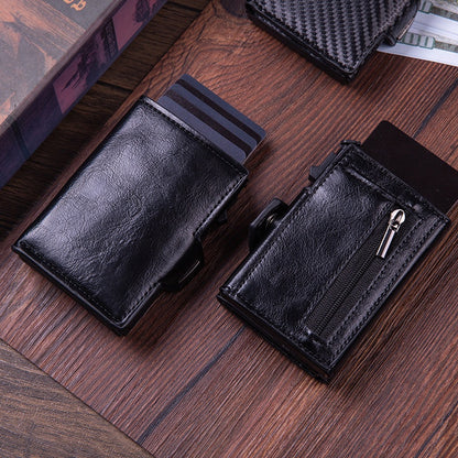 Cartera tarjetero con sistema de expulsión automática, protección RFID y seguridad antirrobo (cuero auténtico)